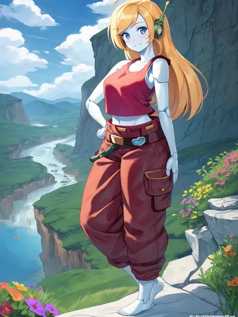 <lora:curly brace v1:1>, a beautiful and detailed image of curly brace wearing a tank top and pants, belt, standing outside in on top of a mountain, mountains, cliffs, rivers, waterfalls,flowers, smile, ((barefoot)), medium tits,white skin,blue eyes,((robot joints)),((robot)),detailed background, butterflies, solo,blushing, clothed, clouds,