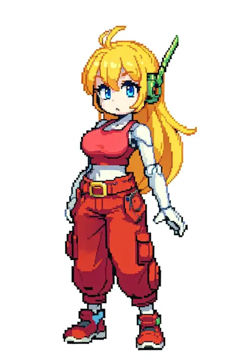 1girl, best quality,ultra high res, absolutely resolution, <lora:curly brace v1:1>, curly brace, robot joints, white skin, blue eyes,  blonde hair, tank top, pants, belt, <lora:pixel_f2:0.6>, pixel