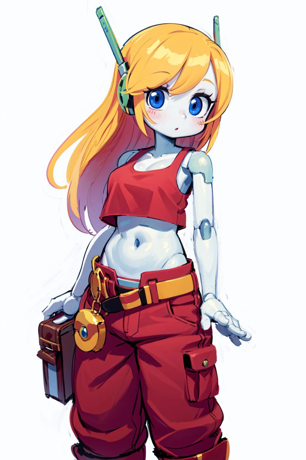 1girl, best quality,ultra high res, absolutely resolution, <lora:curly brace v1:1>, curly brace, robot joints, white skin, blue eyes, blonde hair, tank top, pants, belt