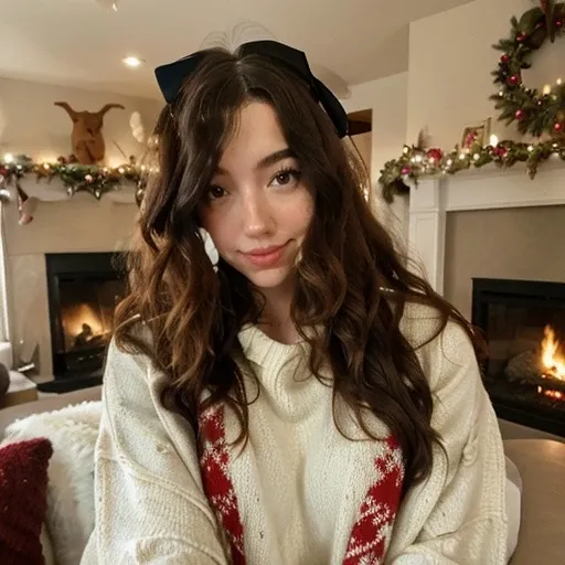 <lora:bunnbree_sd15_512_128_64_v1:1>bunnbree, 1girl brown long weavy curly hair, wearing christmas sweater, christmas decoration in background, lit fireplace in background