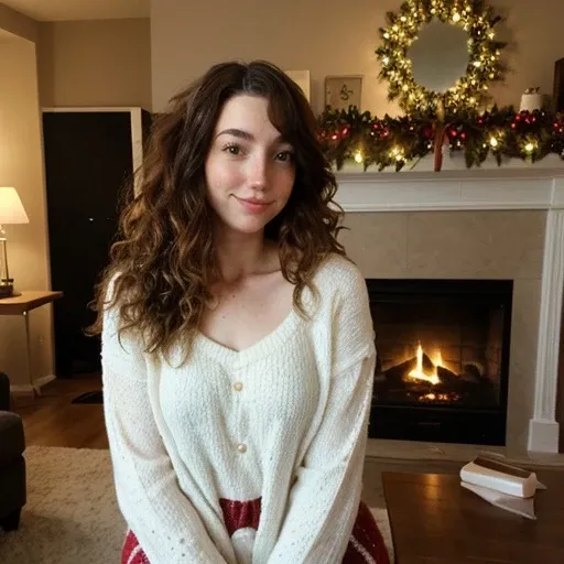 <lora:bunnbree_sd15_512_128_64_v1:1>bunnbree, 1girl brown long weavy curly hair, wearing christmas sweater, christmas decoration in background, lit fireplace in background