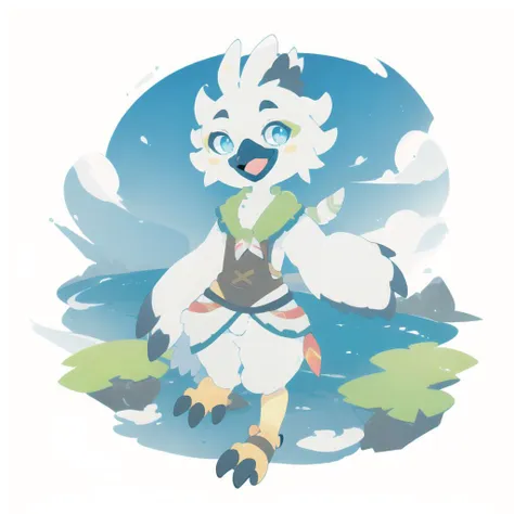 <lora:character-tulin - v1.0:1>,papercraft_(medium), tulin, rito, blue eyes, furry, beak, bird, solo, feathers, smile, looking at viewer, open mouth, blush stickers, simple background, 1boy, male focus, full body, outdoors, white hair