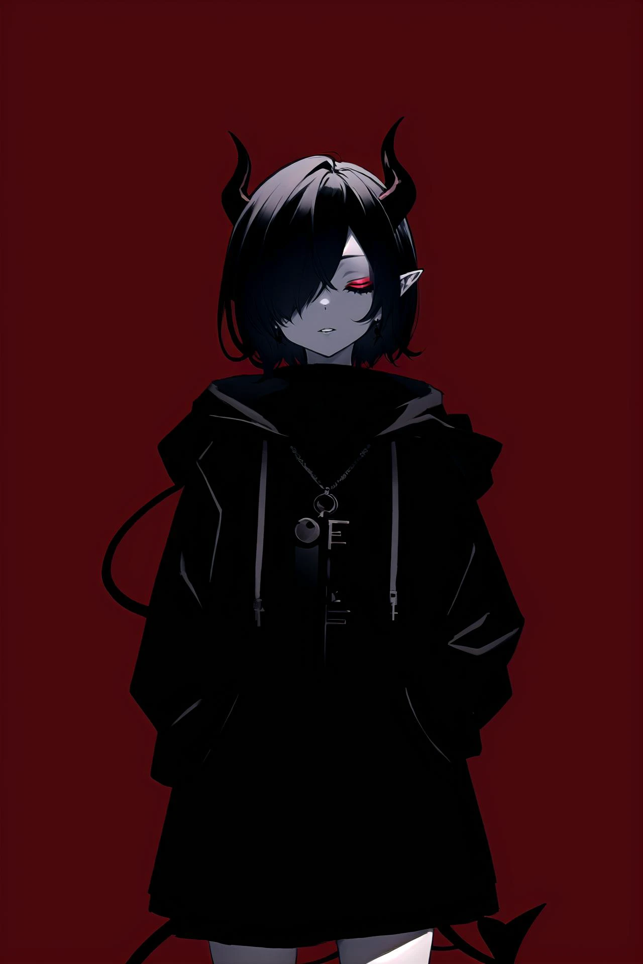 solo, 1girl, horns, pointy ears, tail, short hair, jewelry, hair over one eye, closed eyes, demon tail, necklace, black hair, key, red theme, demon girl, hood, monochrome 
/////////// <lora:some1else45-000251:1>, <lora:ç»ä¸½çåå½±:0.2>,<lora:add_detail:0.35>, <lora:adaptedmodel:0.35>