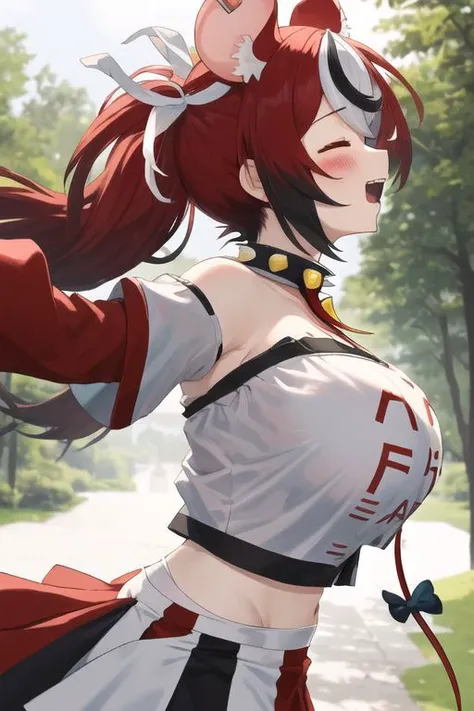 masterpiece, best quality, highres, HakosBaelz, twintails, BaelzBase, dice hair ornament, spiked collar, key necklace, white shirt, yellow detached sleeve, tight clothes, exposed shoulders, red-blue CHSleeve, black gloves, midriff, multicolored skirt, thigh strap, mouse tail, tail bow, park, trees, bushes, standing, stretching, leaning backwards, arched back, raised arms, (((huge breasts))), bigger breasts, round breast, plump breasts, hands behind back, blush, smile, upper body, close up, anime style, slim waist, petite body, open mouth, side profile, side view, closed eyes