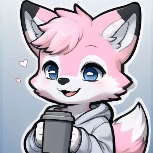 (boy-face:1.8), chibi emoji, (heart-shaped eyes :1.8), (very good eyes:1.4), (higly detailed eyes:1.4), (closeup:1.8), (1boy:1.4), (furry fox:1.2) , (((light red-pink fur:1.8))), closed mouth:1.4, happy, (light blue eyes:1.8),(boy eyes:1.4), (heart-shaped-pink-bush:1.4), very short pink hair, (purple-hoodie:1.2), (holding-coffee-tumbler:1.4), <lora:exag-000009:1>, simple background, <chibi emote>, smaller character, (more room around character:1.4), (more background:1.4), (even ore background:1.8), (even more room around character:1.8), pastel, cupidtech