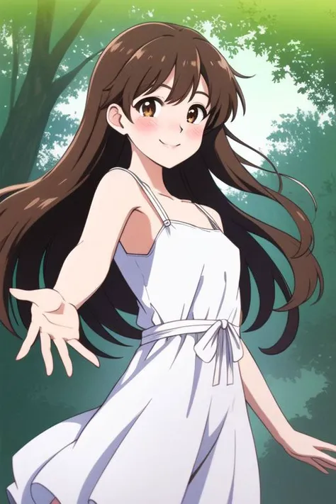 Solo, pretty girl, long length brown hair, small breasts, brown eyes, smiling, blushing, wearing white thin sundress. At park, looking at you, hands outstretched, open hands as if asking you to grab them, gentle breeze, Highest quality, good lighting, high res, easynegative.
