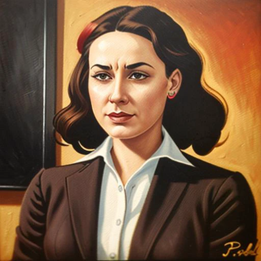 CloverPD,1950s pulp style,oil painting of a harsh faced woman in business suit with brown hair and red highlights, <lora:Clover-10:0.9>,