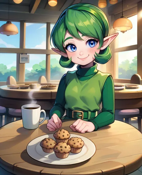 zPDXL,1girl, 
saria, green hair, hairband, blue eyes, green attire, long sleeves, sweater, turtleneck, tunic, belt, green boots, short green shorts, looking at viewer,smiling, happy, blush, sitting, behind table, inside cafe, table, coffee mug, muffin, window, sunlight, romantic ambiance, 
 <lora:saria v1:.8> <lora:CitronAnimeTreasure:1>