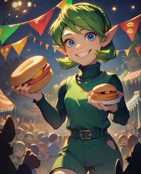 zPDXL,
saria, green hair, blue eyes, hairband, green turtleneck sweater, belt, green shorts, looking at viewer, smiling, teeth, standing, outside, carnival, night time, holding hotdog, crowd,  dark, 
 <lora:saria v1:.8>  <lora:Anime Summer Days 2 Style SDXL_LoRA_Pony Diffusion V6 XL:.8>