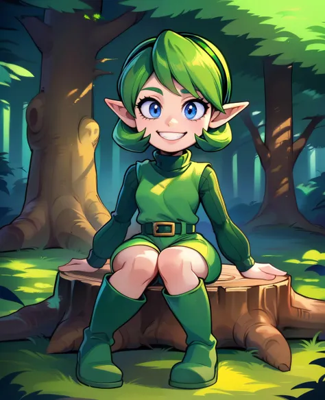 zPDXL,1girl, 
saria, green hair, hairband, blue eyes, green attire, long sleeves, sweater, turtleneck, tunic, belt, green boots, short green shorts, boots, looking at viewer, smiling, teeth, sitting, on tree stump, forest, sunlight,, 
 <lora:saria v1:.8> <lora:CitronAnimeTreasure:1>