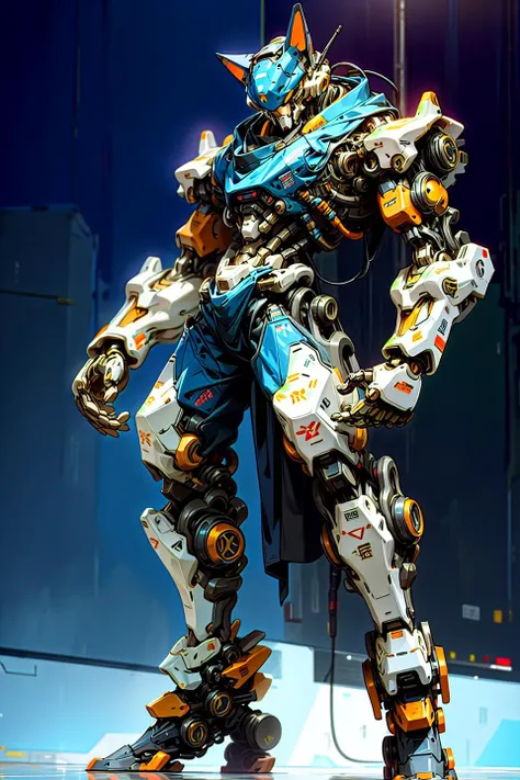 mecha, 1 mechanical boy, full body, robotic cat, robotic cat ear, mechanical face, robotic presence,  cyberpunk, realistic, mechanical parts, robot joints, white full armor