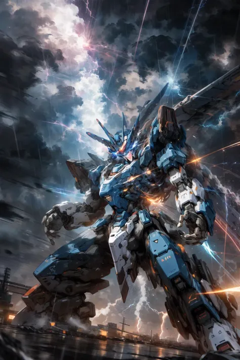 mecha, detailed face, laser, nebula, night, dynamic poses, lightning, thunder storm, raining,