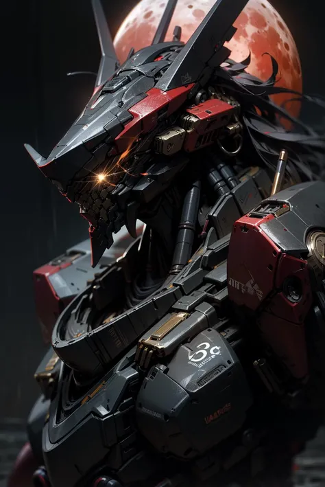 RAW photo, photography, sharp focus, (masterpiece),((ultra-detailed)), (ultra realistic), (highly detailed CG illustration), (huge moon in the background:1.2), (evil mecha:1.2), epic pose, ((black color with red accents)), rain, rainy weather, natural lighting, (close up), (eye level), volumetric light, (guns), looking at viewer, <lora:LowRA:0.7>