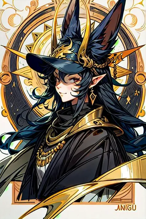 A close-up of the side face of a woman wearing an Anubis helmet, the face must be exposed, the helmet is in the shape of a jackal's head and mouth, the jackal's pointed ears, long black hair, Egyptian ornaments on the neck, drawn in a sketch style, I can't imagine such beauty, more details, intricate details, exquisite painting quality, <lora:animetarotV51:1>