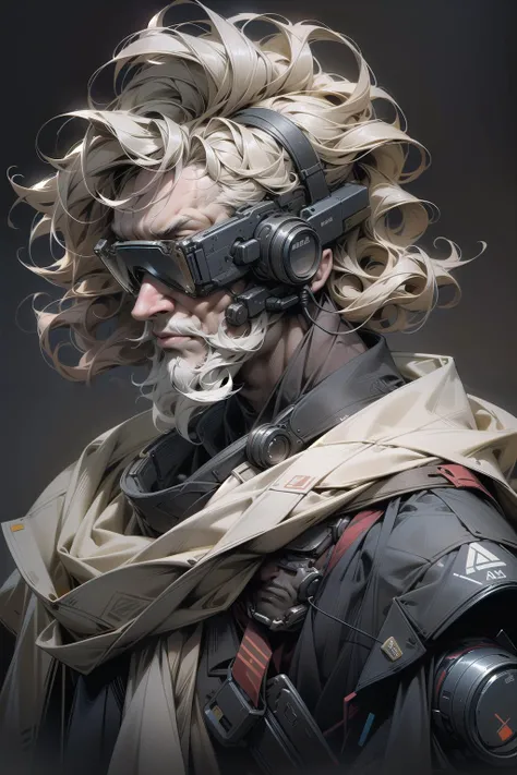 best quality,masterpiece,1boy,aged up,professor,beard,science fiction,potrait,upper body,vr_goggles,sensor,LED,lens,head-mounted display,curly hair,