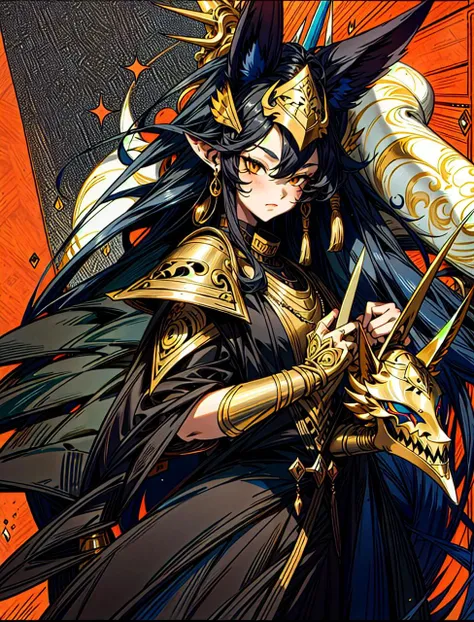 A close-up of the side face of a woman wearing an Anubis helmet, the face must be exposed, the helmet is in the shape of a jackal's head and mouth, the jackal's pointed ears, long black hair, Egyptian ornaments on the neck, drawn in a sketch style, I can't imagine such beauty, more details, intricate details, exquisite painting quality, <lora:animetarotV51:1>