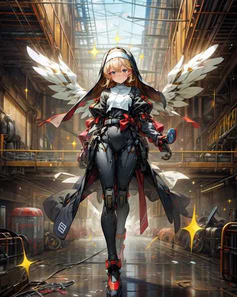 from above, (full body:1.3),
photo of a robot, (solo focus), (nun:1.2), aquamarine_color,
(front view), (look at viewer), (hero-body),
(standing, hands on waist, akimbo), floating huge robot_wings, (lazer-blade:1.2),
(strong wind:1.4), (scattered sparkle:1.3),
ruined city background ,
(subdivision, angular design, carbon-fiber, pistons, robotic frame, metal joints, rubber cables, metal bolts, industrial, structures),
<lora:add_detail:0.65>
<lora:FINAL Robort:0.4>