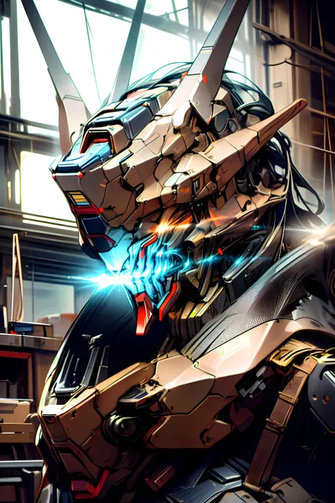 (8k, RAW photo, best quality, masterpiece:1.3),Realistic,Photorealistic,Highly detailed
science_fiction, a giant humaniod robot in the workshop, building, night
gundam, robot, glowing eyes, portrait, Realistic face, Looking at viewer, gray mecha, close to the face, many details, horn, weapon in the back, neon