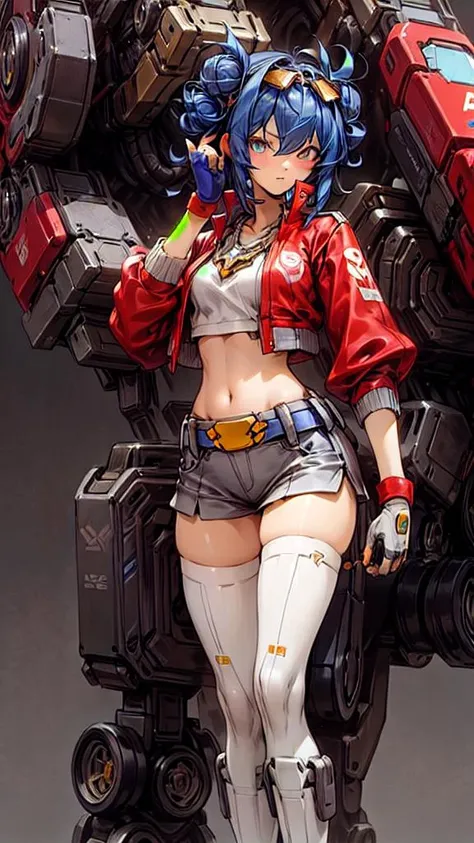 masterpiece, top quality, best quality, official art, (beautiful and aesthetic:1.2),cyber city background,extreme detailed, colorful, highest detailed ((ultra-detailed)), (highly detailed CG illustration), ((an extremely delicate and beautiful)), <lora:TFOPG:0.7>, TFOPG, double bun, gloves, goggles on head, looking at viewer, navel, solo, autobot symbol on shoulder, blue belt, yellow buckle, red jacket, necklace, nice hands, prefect hands,, white legwear, thighhighs, blue boots, cyber city background, nice hands, prefect hands, <lyco:GoodHands-beta2:1.0>