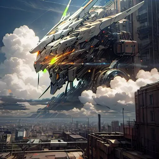 sky, cloud, holding_weapon, no_humans, glowing, , robot, building, glowing_eyes, mecha, science_fiction, city, realistic,mecha, <lora:reelmech1v2:1>