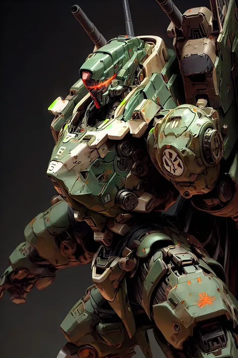 ((masterpiece)), heavy mech with massive and strong design, red glowing eye, highly detailed, heroic parts, military parts, dynamic pose, highly detailed, full armor, v-fin, <lora:add_detail:0.5>, weathered, dark green, <lora:animemix_v3_offset:1.0>, simple background, <lora:kilprt(0.3)_without_noise:1.0>