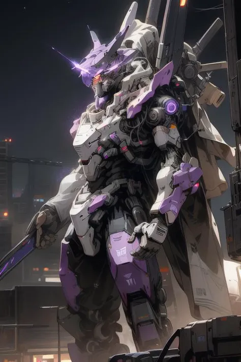 On the moon, holding_weapon, no_humans, glowing, , robot, building, glowing_eyes,light purple mecha, science_fiction, city, realistic,mecha,Milky Way Galaxy background,
