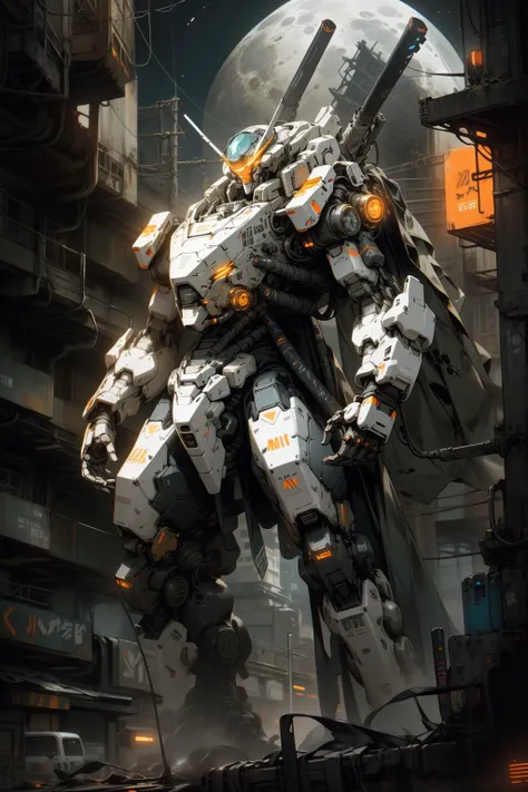 On the moon,barren planets, ruins, holding_weapon, no_humans, glowing, robot, building, glowing_eyes,orange mecha, science_fiction, city, realistic,mecha,Milky Way Galaxy background,neon,cyberpunk,