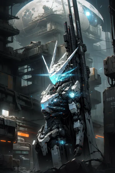 On the moon,barren planets, ruins, holding_weapon, no_humans, glowing, robot, building, glowing_eyes,blue mecha, science_fiction, realistic,mecha,Milky Way Galaxy background,neon,cyberpunk,storms