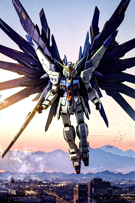 gundam, mecha, giant robot, masterpiece, gundam_freedom, wings, flying, night