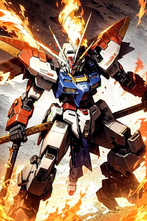 gundam, mecha, giant robot, masterpiece, astray, katana, fire, glowing, v-fin