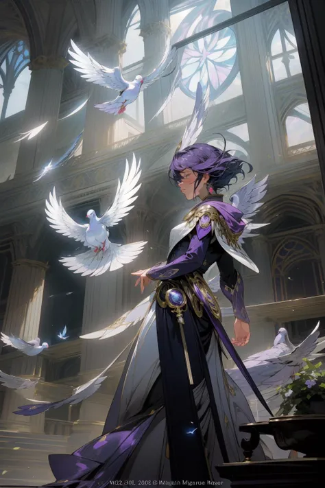 1girl, (light art by Claude Lefèbvre:0.9) , impressionism art, 8k Cycles render, detailed Anime key visual, grand Cinematic still of a desolate city and garden, stylized, Handsome Avant-Garde Lazuli ("When doves cry, doves cry.":1.3) , from inside of a Ancient Westminster Abbey, Smoky Conditions, shallow depth of field, Ultra Detailed, Lonely, Minimalism Art, spotlit, Depth of field 270mm, deep blue and Violet hue, dreamy magical atmosphere, matte, masterpiece, hyperdetailed, contrasting colors