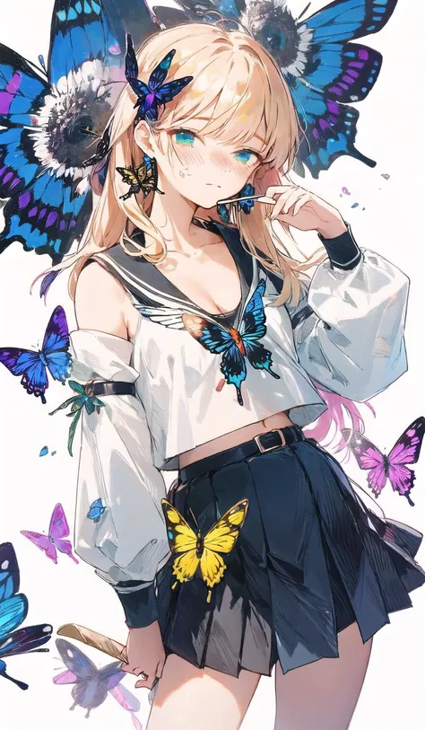 kamibana, 1girl, aircraft, airplane, animal, bangs, bare_shoulders, bee, beetle, belt, bird, bird_on_hand, black_flower, black_skirt, blue_butterfly, breasts, bug, butterfly, butterfly_hair_ornament, butterfly_net, butterfly_on_hand, butterfly_print, butterfly_wings, card, center_opening, cleavage, closed_mouth, collarbone, cowboy_shot, detached_sleeves, dragonfly, eyebrows_visible_through_hair, fairy, glowing_butterfly, hair_between_eyes, hair_ornament, hand_net, hand_up, holding, holding_card, kashiwazaki_sena, long_hair, long_sleeves, looking_at_animal, looking_at_viewer, midriff, miniskirt, navel, origami, paper_crane, pinwheel, ribbon, saint_quartz_\(fate\), shirt, skirt, small_breasts, solo, spider, white_background, white_butterfly, wide_sleeves, yellow_butterfly,
<lora:kamibana-noise-000008:0.75>
