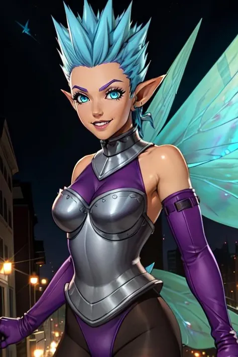 HighPixie,spiked hair, pointy ears,blue hair,fairy wings,blue eyes ,
purple elbow gloves,pantyhose, breastplate,purple underwear,
flying, hips, cameltoe, cleavage, from above,
upper body,solo, smile,
night, streets,
(insanely detailed, beautiful detailed face,beautiful detailed eyes, masterpiece, best quality), <lora:HighPixie:0.7>