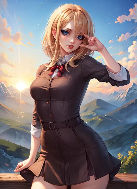 ((best quality)), ((highly detailed)), masterpiece, absurdres, (detailed eyes, deep eyes), (1girl), dynamic pose, cowboy shot, <lora:hairdetailer:.9>, schoolgirl, (at a mountain, sun down), <lora:GreenuCorm-LyCoris-V1:1>