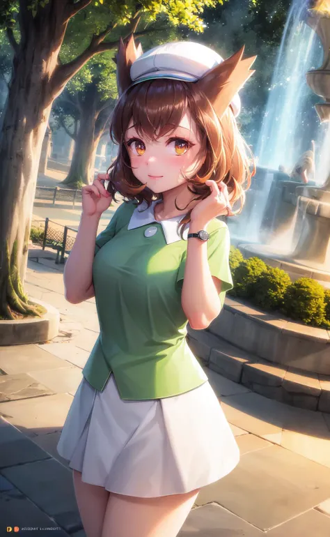 (masterpiece:1.2), best quality, absurdres, illustration, 8k, realistic shadows, volumetric lighting, (cute:1.1), ambient lighting, colorful, cowboy shot, blush, beautiful detailed shadows, light rays, skindentation, long eyelashes, beautiful detailed eyes, ultra-realistic, realistic, perfect pupils, incidence of light, cinematic lighting, hdr,upper body, light smile
fountain, birds, plaza, shops, open space, blue sky,
Bianca, 1girl, solo, brown eyes, bangs, tree, green shirt, white skirt, makeup, wristwatch, headwear, day, hands up, blush, cowboy shot, outdoors, standing, medium breasts, adult woman