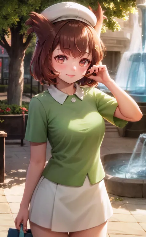 (masterpiece:1.2), best quality, absurdres, illustration, 8k, realistic shadows, volumetric lighting, (cute:1.1), ambient lighting, colorful, cowboy shot, blush, beautiful detailed shadows, light rays, skindentation, long eyelashes, beautiful detailed eyes, ultra-realistic, realistic, perfect pupils, incidence of light, cinematic lighting, hdr,upper body, light smile
fountain, birds, plaza, shops, open space, blue sky,
Bianca, 1girl, solo, brown eyes, bangs, tree, green shirt, white skirt, makeup, wristwatch, headwear, day, hands up, blush, cowboy shot, outdoors, standing, medium breasts, adult woman