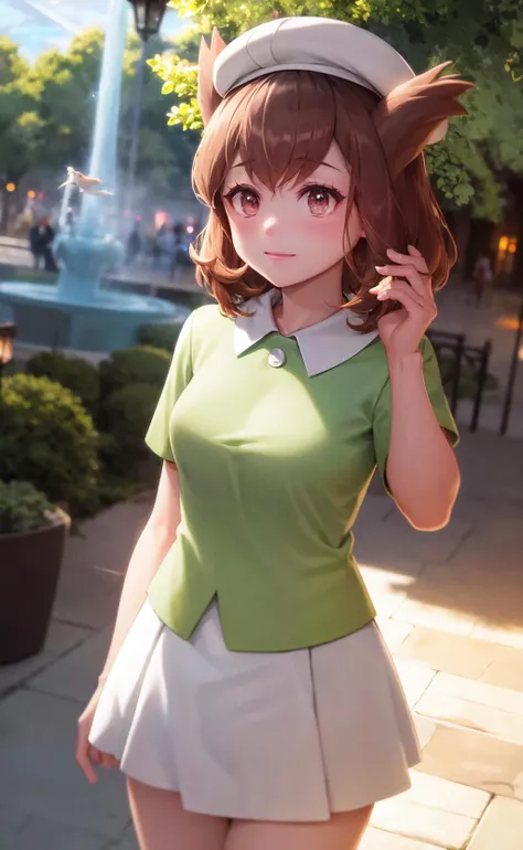 (masterpiece:1.2), best quality, absurdres, illustration, 8k, realistic shadows, volumetric lighting, (cute:1.1), ambient lighting, colorful, cowboy shot, blush, beautiful detailed shadows, light rays, skindentation, long eyelashes, beautiful detailed eyes, ultra-realistic, realistic, perfect pupils, incidence of light, cinematic lighting, hdr,upper body, light smile
fountain, birds, plaza, shops, open space, blue sky,
Bianca, 1girl, solo, brown eyes, bangs, tree, green shirt, white skirt, makeup, wristwatch, headwear, day, hands up, blush, cowboy shot, outdoors, standing, medium breasts, adult woman