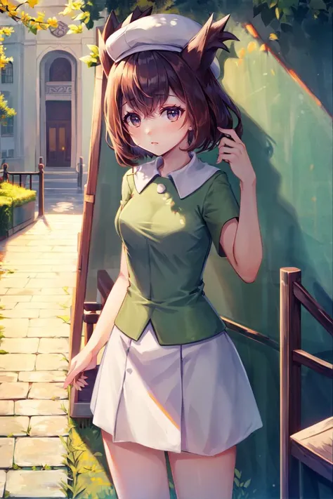 masterpiece, best_quality, 1girl, solo, bianca, park, green blouse, skirt, hat
