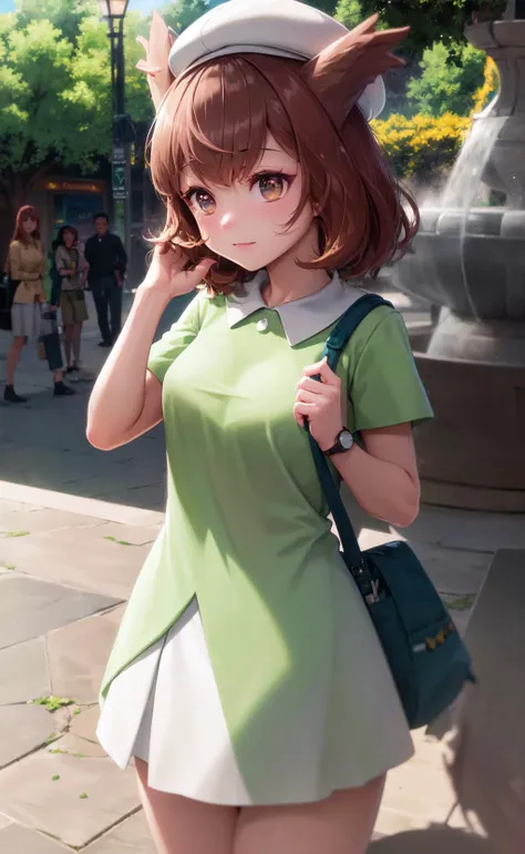 (masterpiece:1.2), best quality, absurdres, illustration, 8k, realistic shadows, volumetric lighting, (cute:1.1), ambient lighting, colorful, cowboy shot, blush, beautiful detailed shadows, light rays, skindentation, long eyelashes, beautiful detailed eyes, ultra-realistic, realistic, perfect pupils, incidence of light, cinematic lighting, hdr,upper body, light smile
fountain, birds, plaza, shops, open space, blue sky,
Bianca, 1girl, solo, brown eyes, bangs, tree, green shirt, white skirt, makeup, wristwatch, headwear, day, hands up, blush, cowboy shot, outdoors, standing, medium breasts, adult woman