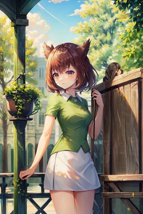 masterpiece, best_quality, 1girl, solo, bianca, park, green blouse, skirt