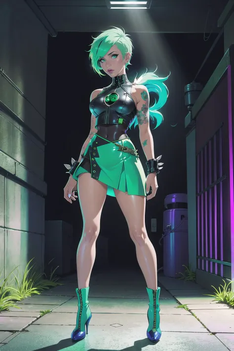 (masterpiece, best_quality, ultra-detailed, immaculate:1.3), epic, illustration, punk rocker sweet girl, 1girl, full body, cameltoe, [:sexy costume design,:0.2], official art, albino, bombshell punk hair, green hair, swept bangs,Flipped Out Hair, dramatic neon sea green lighting , torn leather skirt, in a rural, frozen hallway, bombshell hair, matte blue-green hair with ultraviolet highlights, Buzz Cut, thigh straddling<lora:EnvyBeautyMix16:1>