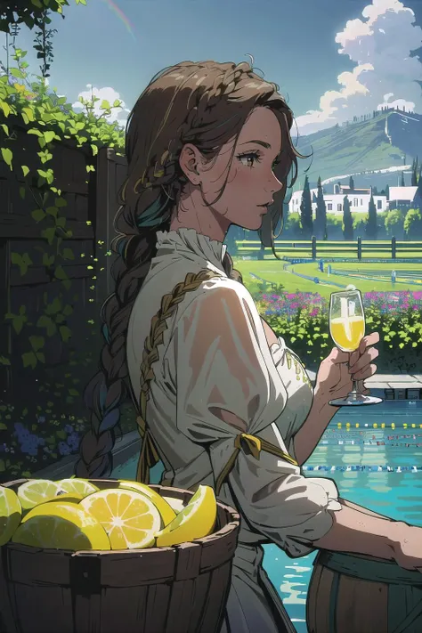 (masterpiece, best_quality, ultra-detailed, immaculate:1.3), epic, illustration, welcoming, 1girl, druid, brown hair, braid,Lemonade Braids, in a spring winery, at a Tudor swimming pool, bombshell hair, deep rainbow hair, Mohawk Braid,antenna hair, pigeon-toed<lora:EnvyGoddessMix03:1>