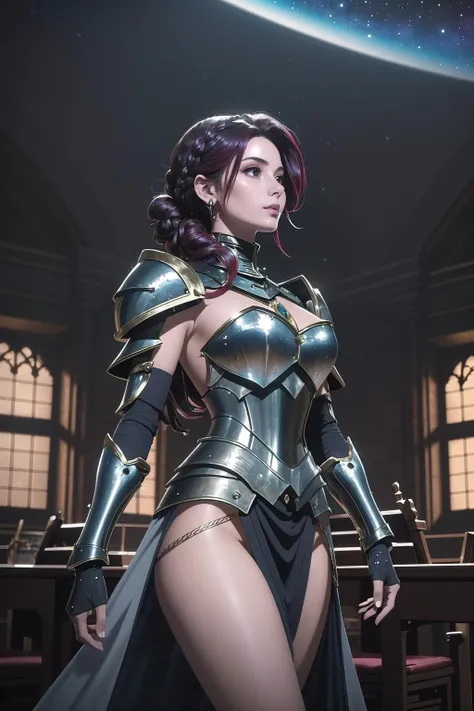 (masterpiece, best_quality, ultra-detailed, immaculate:1.3), epic, illustration, desert rune knight lord villainess, sexy armor, pauldrons, dark rainbow hair, medium hair,Long Layers, arched back, in a formal, winter library, in a nebula, bombshell hair, muted crimson hair, Braided Updo, arm hug<lora:EnvyBeautyMix16:1>