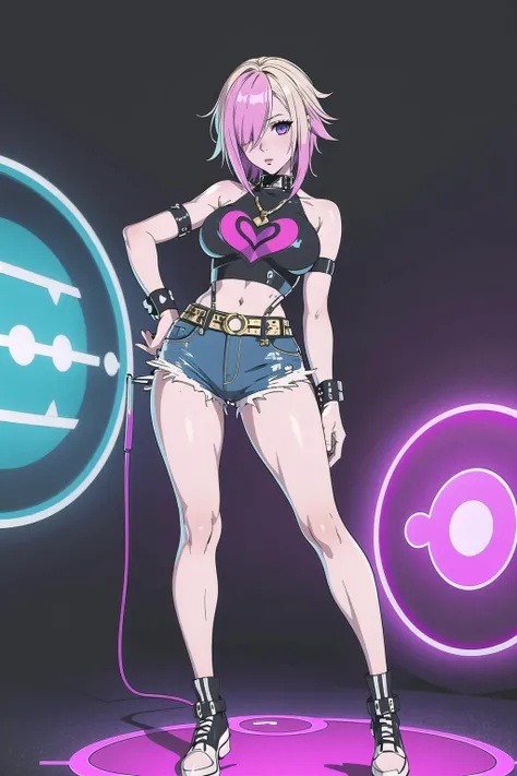 (masterpiece, best_quality, ultra-detailed, immaculate:1.3), epic, illustration, punk bad girl, 1girl, cute, full body, [:casual, seductive costume design,:0.2], official art, albino, bombshell punk hair, muted magenta hair, Crimped Hair,pointy hair, creepy ultraviolet lighting from below, denim shorts, in  Las Vegas, bombshell hair, neon blonde hair, hair over one eye, circle formation<lora:EnvyBeautyMix16:1>