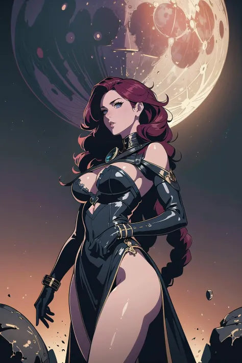(masterpiece, best_quality, ultra-detailed, immaculate:1.3), epic, illustration, welcoming, 1girl, rogue, dark black hair, long bombshell hair, (full body:0), [:creative costume design:0.2], , on the mid-century moon, in a  dungeon, bombshell hair, red hair, bombshell curly hair,Rope Twists, shrugging<lora:EnvyGoddessMix03:1>