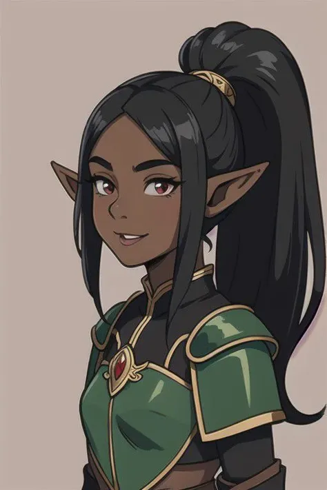 solo, 25 years old elf woman, black hair, long ponytail, dark skin, mature face, happy, fantasy leather armor, pointy ears, elf ears, face detail, high quality,