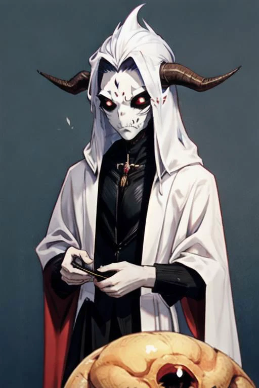 ASCII1_person, <lora:ColoredSkinv309:0.7>(red_skin, person), flat_face, black_sclera, ((spiky_hair, stiff_hair, quill_hair, straight_hair)), ((forehead_horn, oni_horn, bone_horn, silver_horn, 1_horn)), ((no_nose:1.2, nasal_slits:1.2, ghoul_nose)), masculine_body, clothed, robe, close_up, face_focus, ((4_fingers_no_thumbs)), ((inhuman)), high_quality, ultra_quality, <FastNegativeV2>