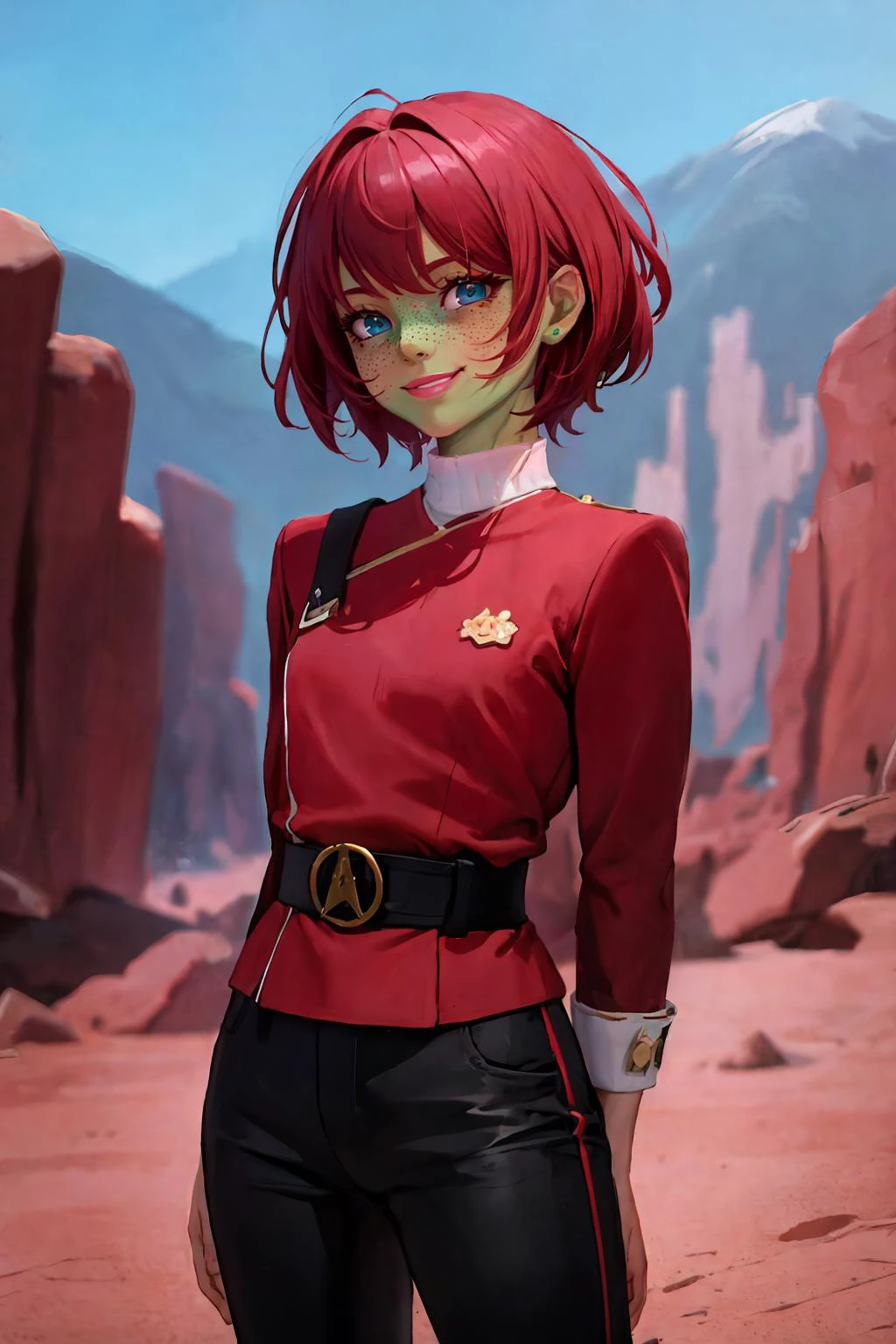 (masterpiece, best quality), (absurdres:1.3), (photorealistic:1.4), Cinematic Lighting, RAW photo of idol, (1girl:1.5), solo, (flat chest:1.2), (ultra detailed, ultra realistic, hyper realistic, 8K, ultra highres:1.2), (dynamic pose:1.4), arms behind back, bokeh, sharp focus, depth of field, (high detailed skin, detailed skin texture:1.2), lips, slim, slender, detailed eyes, detailed face, (short girl, petite body:1.5), short hair, red hair, outdoors, rocky desert, cliffs in the background, mountains in the far background, cactus in foreground,
<lora:TWOK_OC:0.8> twokunf uniform, (black pants:1.2), red dress, red sleeves, black belt,
<lora:ColoredSkin-000019:1.0>, (green skin:1.3), colored skin,