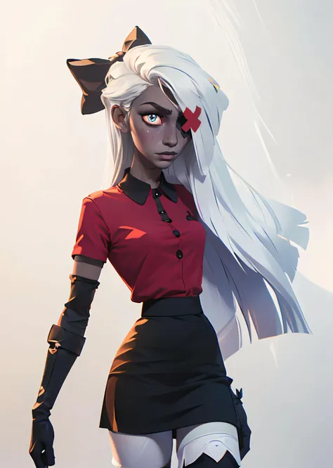 1girl, portrait.(Vaggie:1.0), (hotel outfit, red shirt, black skirt, stockings, gloves:1.5), pointed chin, triangular shaped face:0.7, ((eye patch)) smirk, (pink sclera, black pupil, grey skin, white hair, long hair, hair bow:1.2), (white background:1.5), (realistic:1.2), (masterpiece:1.2), (full-body-shot:1),(Cowboy-shot:1.2), neon lighting, dark romantic lighting, (highly detailed:1.2),(detailed face:1.2), (gradients), colorful, detailed eyes, (detailed landscape:1.2), (natural lighting:1.2), (cute pose:1.2), (solo, one person, 1girl:1.5), standing, <lora:VaggieHazbinHotel-09:0.8> <lora:add_detail:0.15> <lora:hipoly3DModelLora_v10:0.05> <lora:RSERomantic_RSESofiko_RSEEmma-v1:0.1> <lora:BeautifulEyes:0.65> <lyco:coloredSkin-08:0.4> <lora:arcaneStyleLora_offset:0.6> arcane style