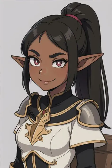 solo, 25 years old elf woman, black long ponytail, dark tan, coffee skin, white pupils, smirking, fantasy leather armor, pointy ears, elf ears, face detail, high quality,